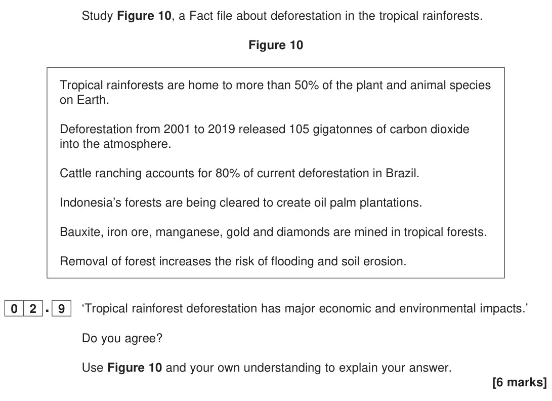 June 2023 Paper 1, question 02.9: ‘Tropical rainforest deforestation has major economic and environmental impacts.’ Do you agree? Use Figure 10 and your own understanding to explain your answer.