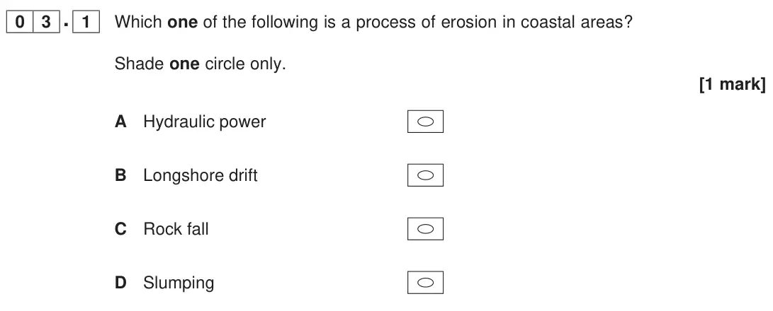 June 2023 Paper 1, question 03.1: Which one of the following is a process of erosion in coastal areas? Shade one circle only. [1 mark]