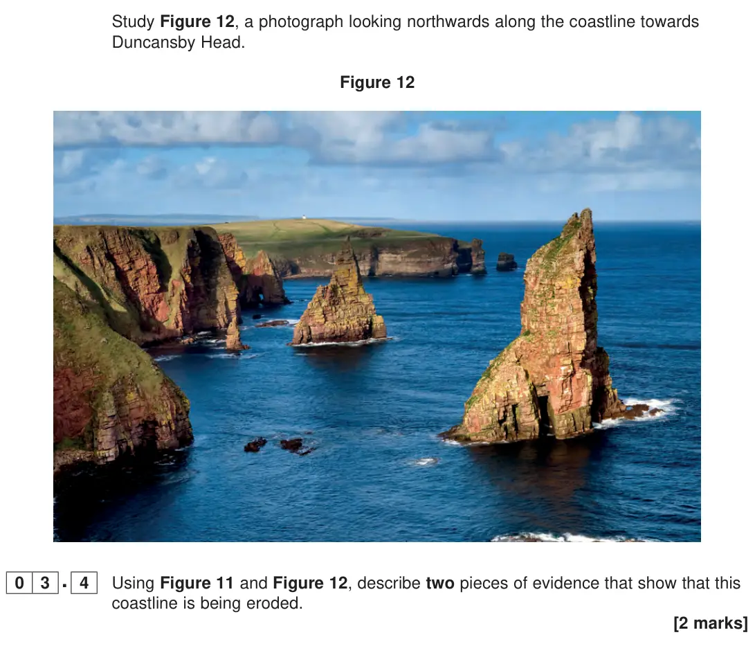 June 2023 Paper 1, question 03.4: Using Figure 11 and Figure 12, describe two pieces of evidence that show that this coastline is being eroded. [2 marks]