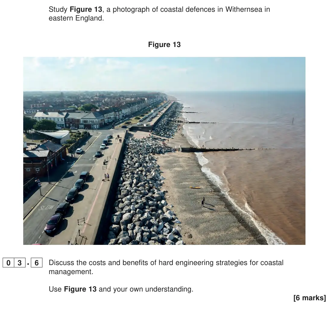 June 2023 Paper 1, question 03.6: Discuss the costs and benefits of hard engineering strategies for coastal management. Use Figure 13 and your own understanding. [6 marks]