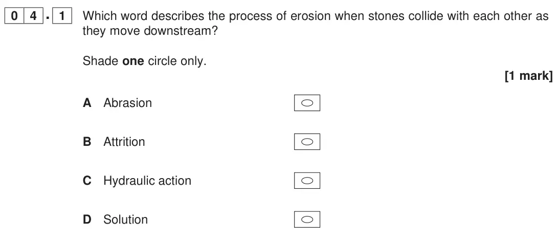 June 2023 Paper 1, question 04.1: Which word describes the process of erosion when stones collide with each other as they move downstream? Shade one circle only. [1 mark]