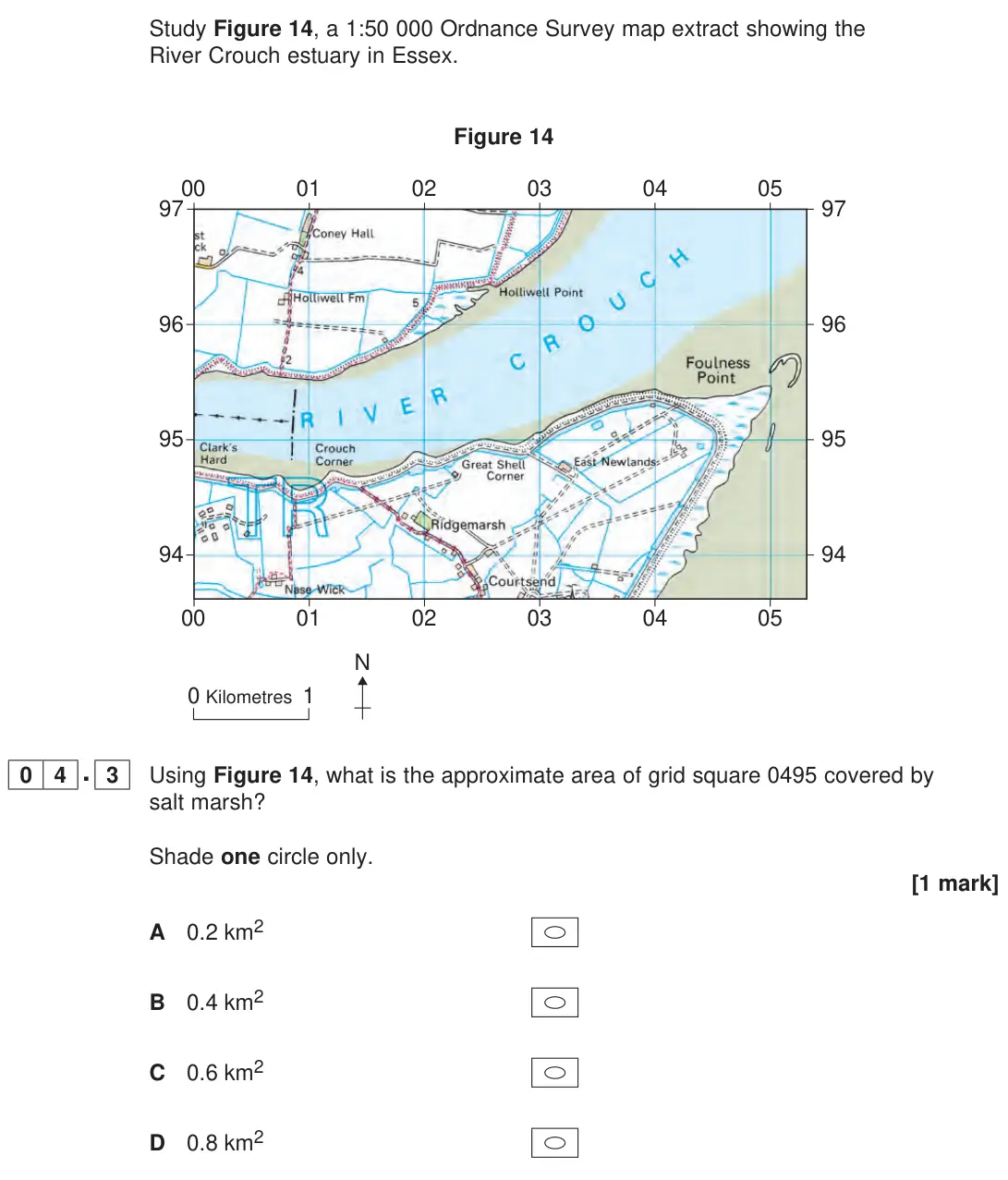 June 2023 Paper 1, question 04.3: Using Figure 14, what is the approximate area of grid square 0495 covered by salt marsh? Shade one circle only. [1 mark]
