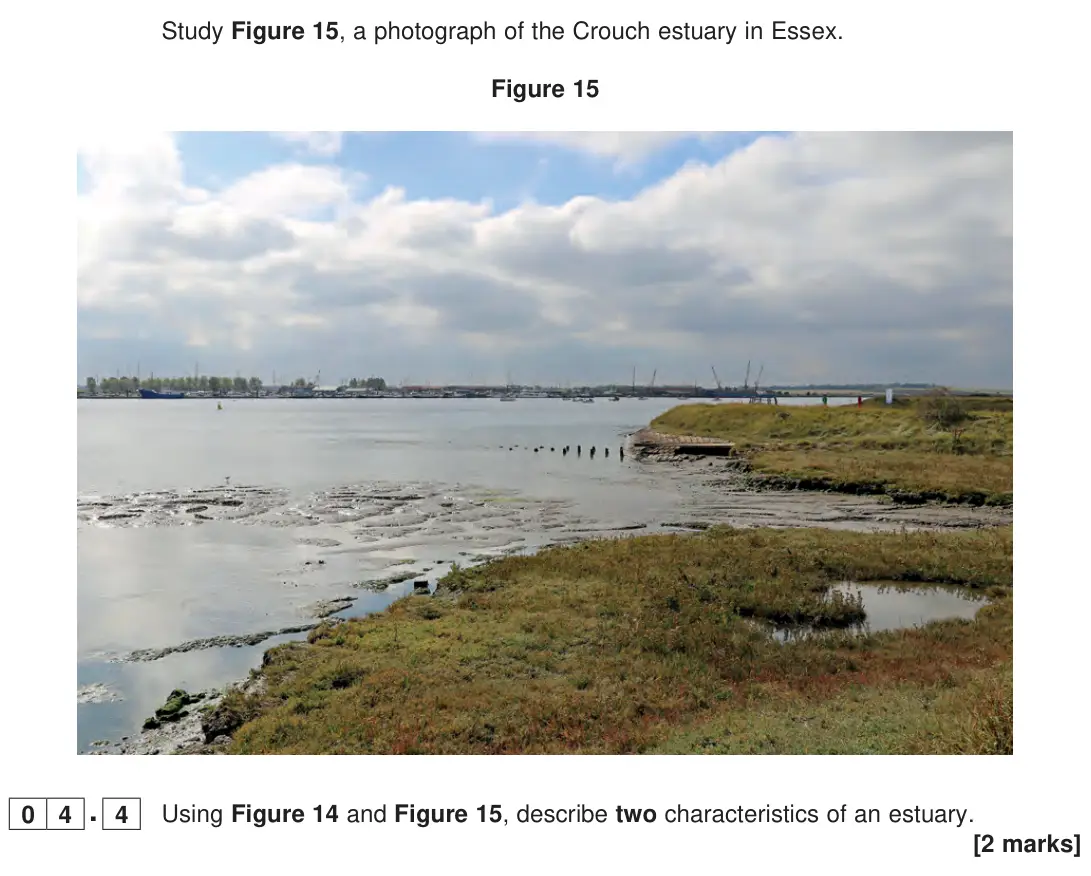 June 2023 Paper 1, question 04.4: Using Figure 14 and Figure 15, describe two characteristics of an estuary. [2 marks]