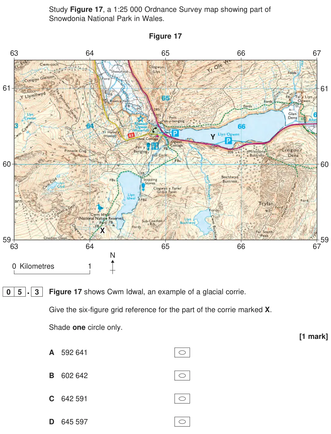 June 2023 Paper 1, question 05.3: Figure 17 shows Cwm Idwal, an example of a glacial corrie. Give the six-figure grid reference for the part of the corrie marked X. Shade one circle only. [1 mar