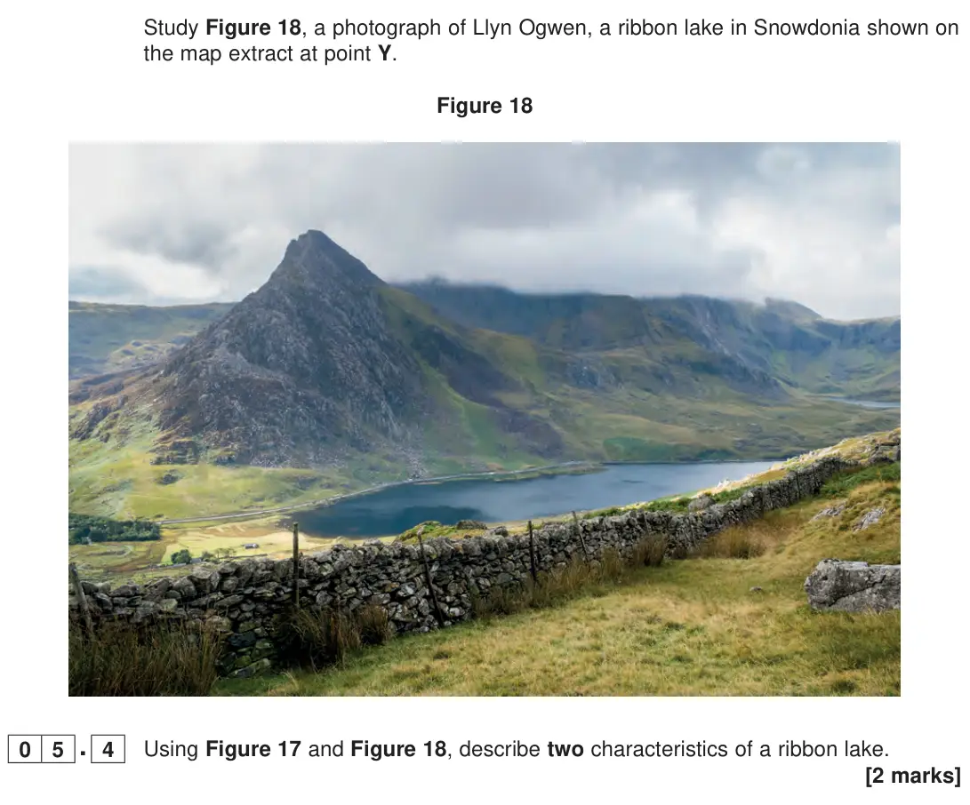 June 2023 Paper 1, question 05.4: Using Figure 17 and Figure 18, describe two characteristics of a ribbon lake. [2 marks]