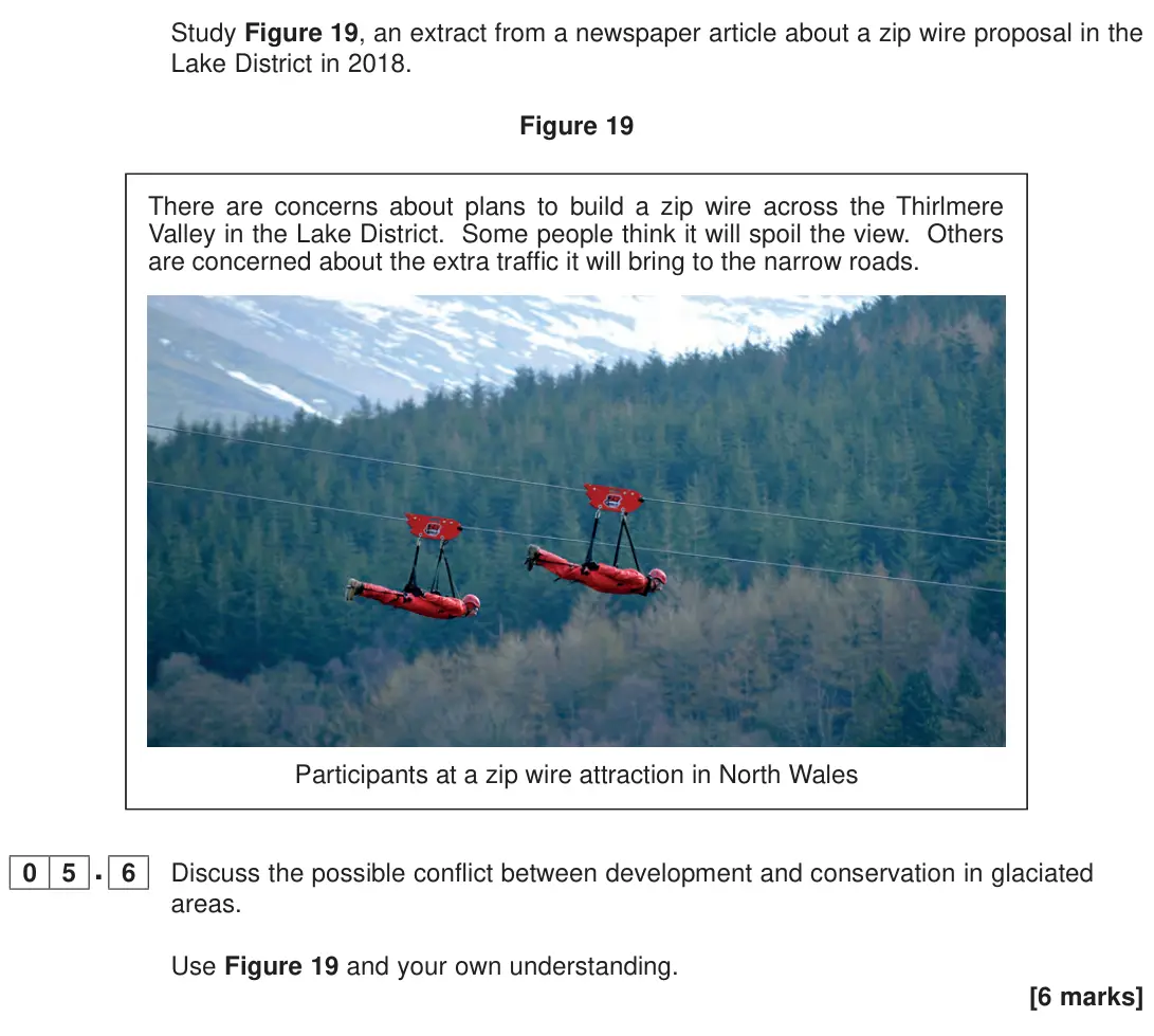 June 2023 Paper 1, question 05.6: Discuss the possible conflict between development and conservation in glaciated areas. Use Figure 19 and your own understanding. [6 marks]