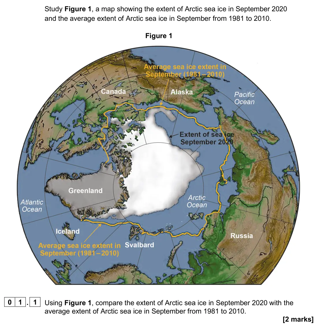 June 2024 Paper 1, question 01.1: Using Figure 1, compare the extent of Arctic sea ice in September 2020 with the average extent of Arctic sea ice in September from 1981 to 2010. [2 marks]