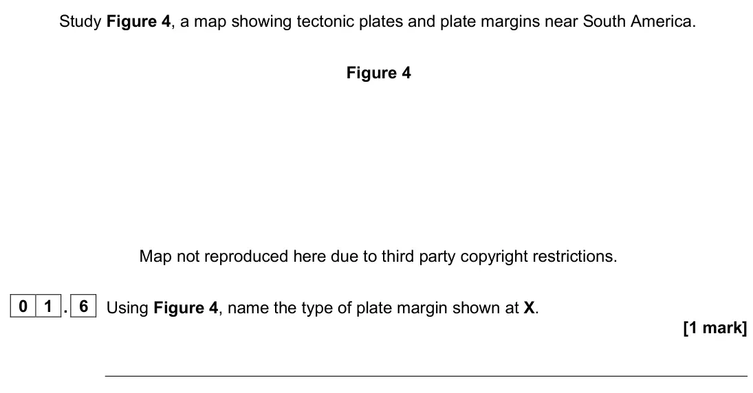 June 2024 Paper 1, question 01.6: Using Figure 4, name the type of plate margin shown at X. [1 mark]