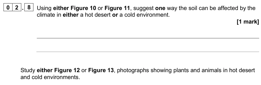 June 2024 Paper 1, question 02.8: Using either Figure 10 or Figure 11, suggest one way the soil can be affected by the climate in either a hot desert or a cold environment. [1 mark]