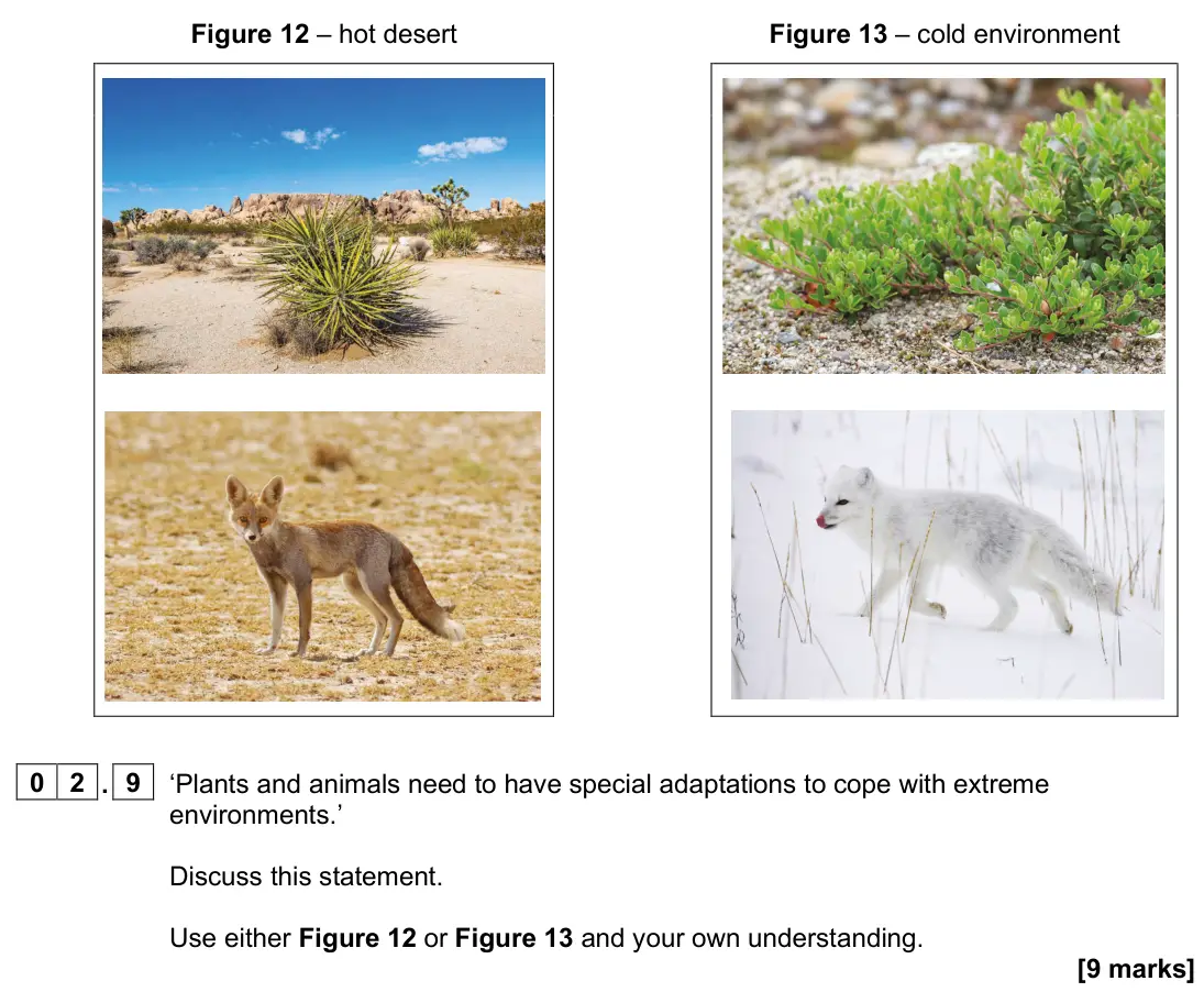 June 2024 Paper 1, question 02.9: ‘Plants and animals need to have special adaptations to cope with extreme environments.’ Discuss this statement. Use either Figure 12 or Figure 13 and your own 
