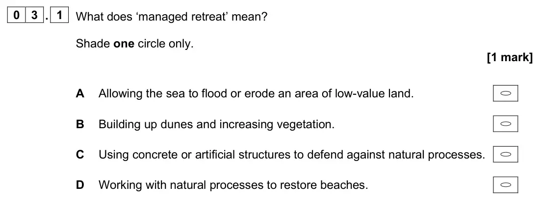 June 2024 Paper 1, question 03.1: What does ‘managed retreat’ mean? Shade one circle only. [1 mark]