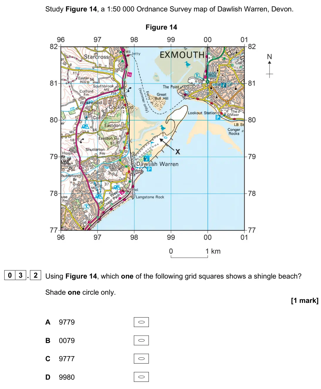 June 2024 Paper 1, question 03.2: Using Figure 14, which one of the following grid squares shows a shingle beach? Shade one circle only. [1 mark]