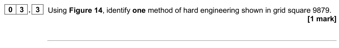 June 2024 Paper 1, question 03.3: Using Figure 14, identify one method of hard engineering shown in grid square 9879. [1 mark]
