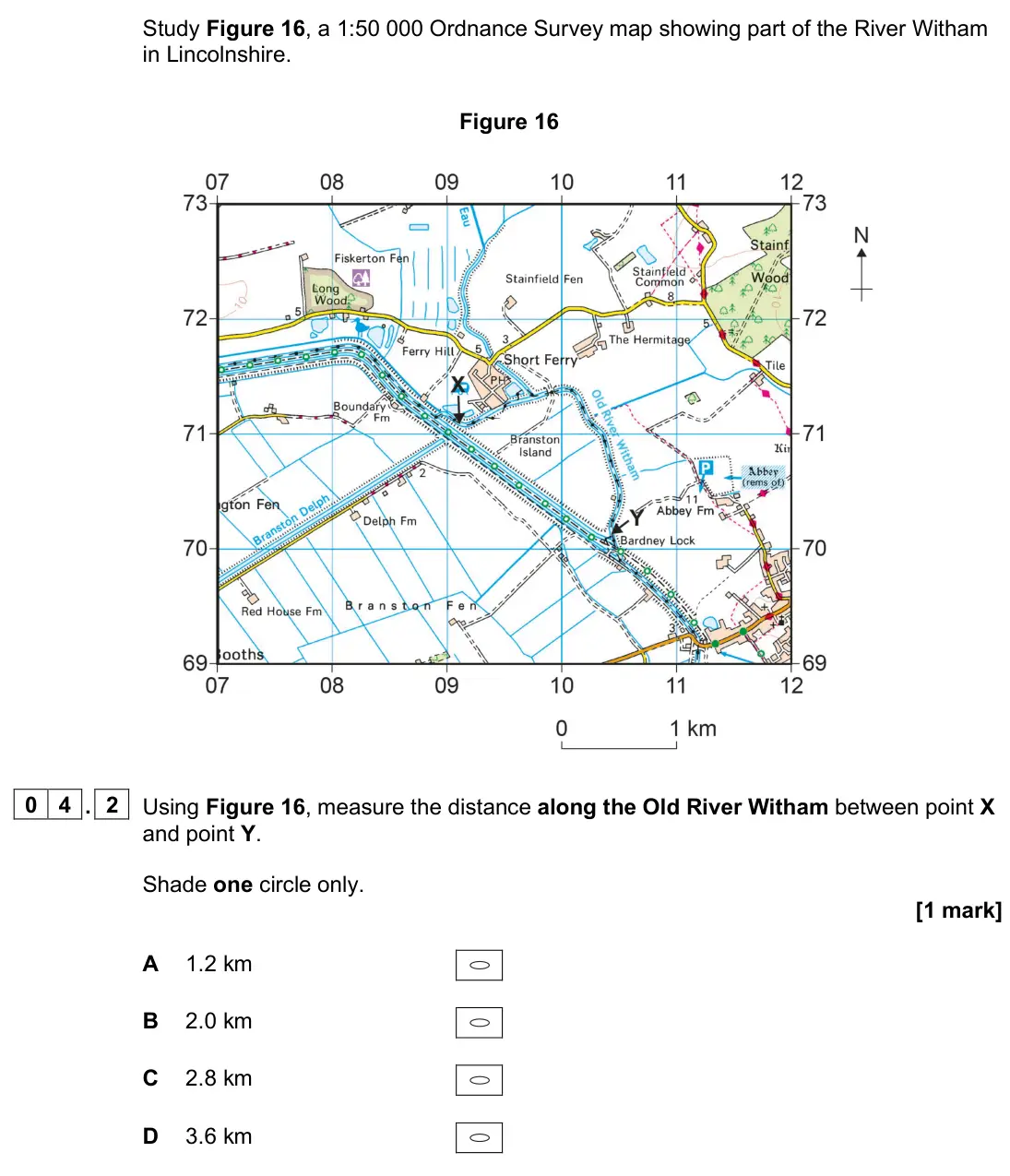 June 2024 Paper 1, question 04.2: Using Figure 16, measure the distance along the Old River Witham between point X and point Y. Shade one circle only. [1 mark]