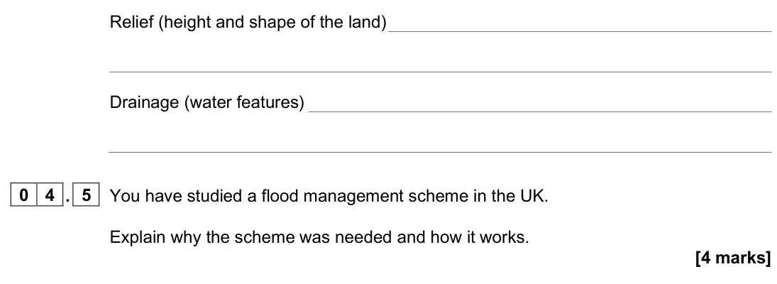 June 2024 Paper 1, question 04.5: You have studied a flood management scheme in the UK. Explain why the scheme was needed and how it works. [4 marks]