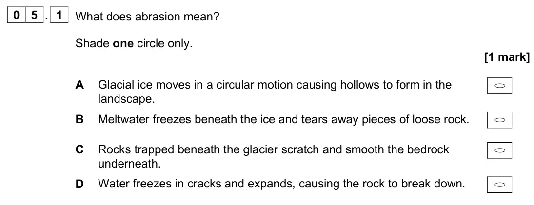 June 2024 Paper 1, question 05.1: What does abrasion mean? Shade one circle only. [1 mark]