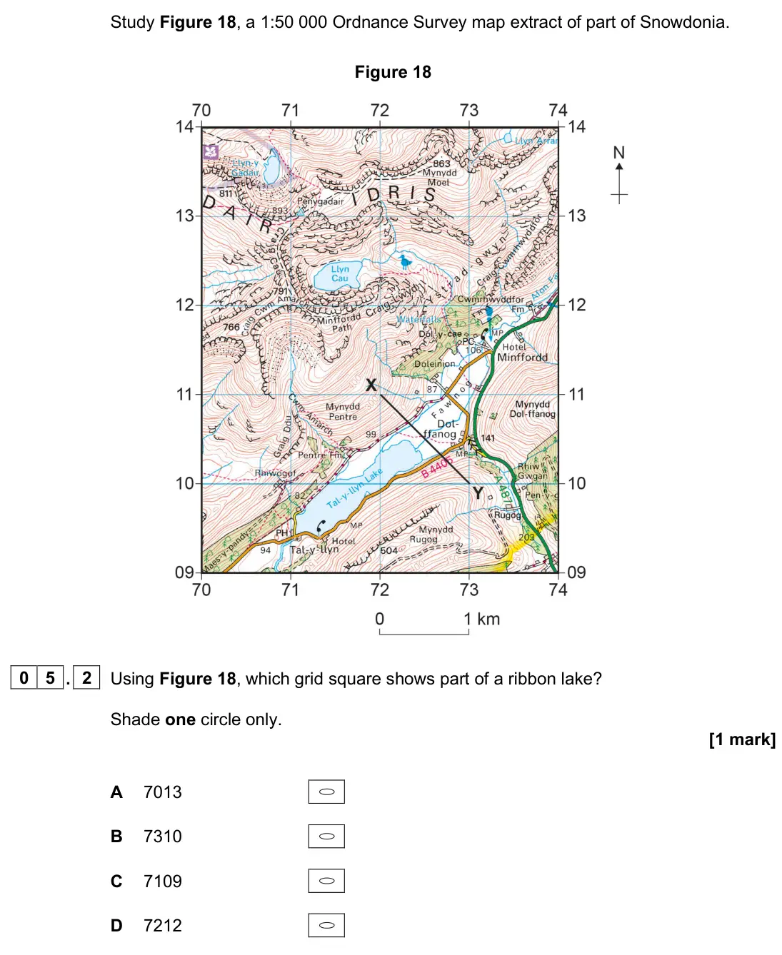 June 2024 Paper 1, question 05.2: Using Figure 18, which grid square shows part of a ribbon lake? Shade one circle only. [1 mark]