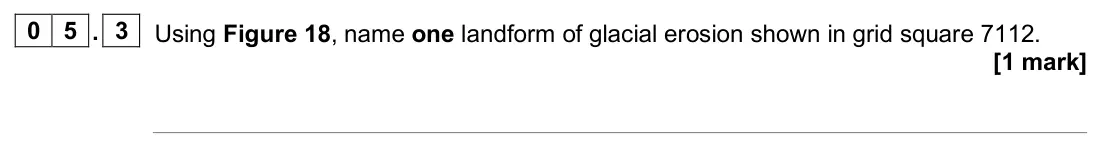 June 2024 Paper 1, question 05.3: Using Figure 18, name one landform of glacial erosion shown in grid square 7112. [1 mark]