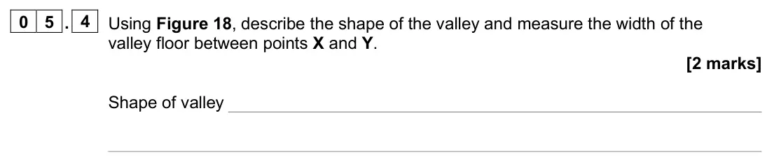 June 2024 Paper 1, question 05.4: Using Figure 18, describe the shape of the valley and measure the width of the valley floor between points X and Y. [2 marks]