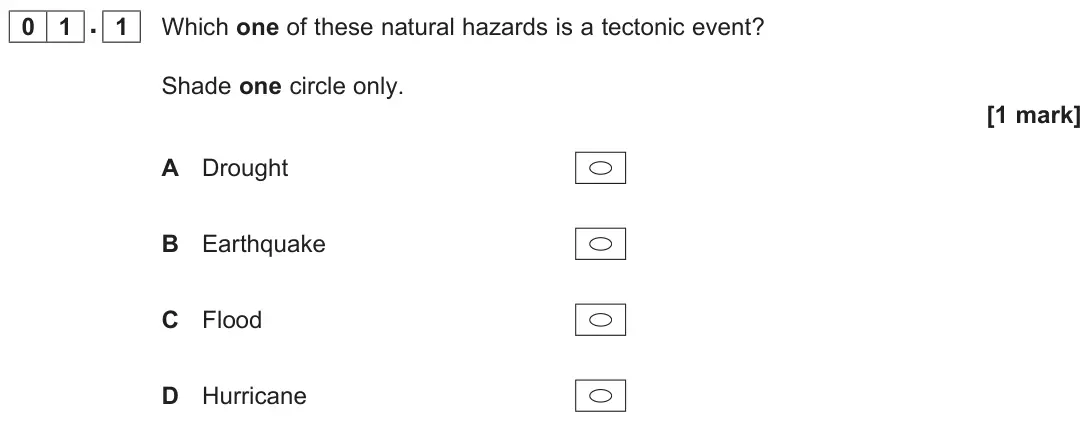 June 2025 Paper 1, question 01.1: Which one of these natural hazards is a tectonic event? Shade one circle only. [1 mark]