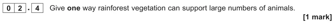 June 2025 Paper 1, question 02.4: Give one way rainforest vegetation can support large numbers of animals. [1 mark]