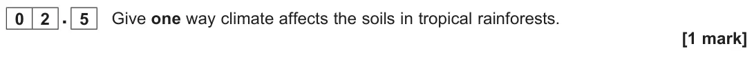 June 2025 Paper 1, question 02.5: Give one way climate affects the soils in tropical rainforests. [1 mark]