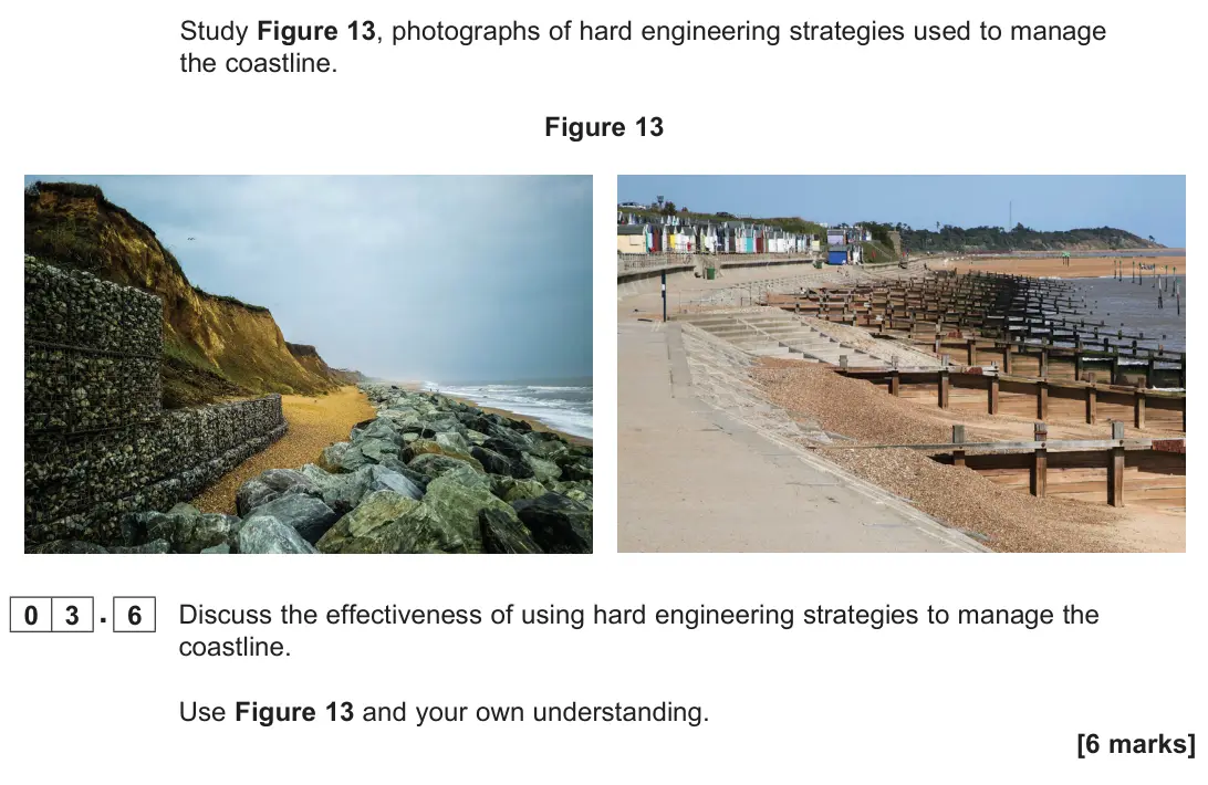 June 2025 Paper 1, question 03.6: Discuss the effectiveness of using hard engineering strategies to manage the coastline. Use Figure 13 and your own understanding. [6 marks]