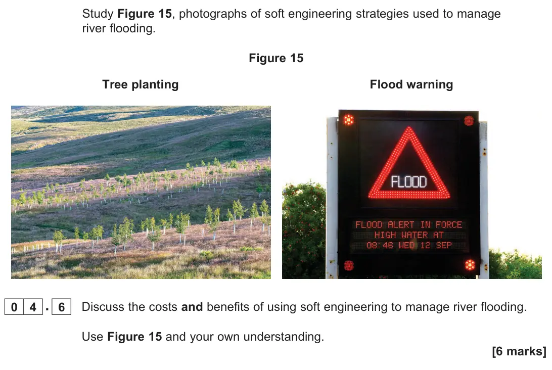 June 2025 Paper 1, question 04.6: Discuss the costs and benefits of using soft engineering to manage river flooding. Use Figure 15 and your own understanding. [6 marks]
