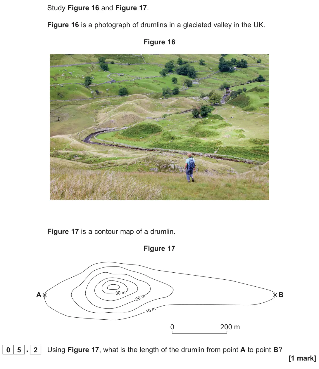 June 2025 Paper 1, question 05.2: Using Figure 17, what is the length of the drumlin from point A to point B? [1 mark]