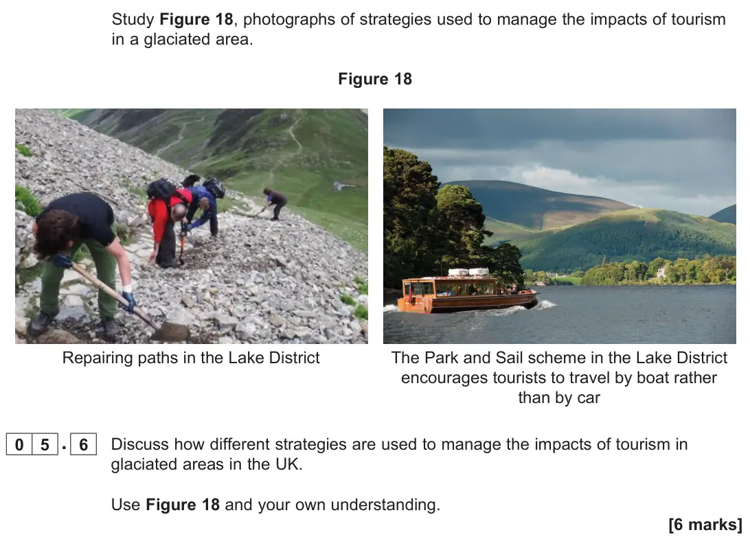 June 2025 Paper 1, question 05.6: Discuss how different strategies are used to manage the impacts of tourism in glaciated areas in the UK. Use Figure 18 and your own understanding. [6 marks]