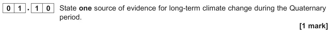 November 2020 Paper 1, question 01.10: State one source of evidence for long-term climate change during the Quaternary period. [1 mark]