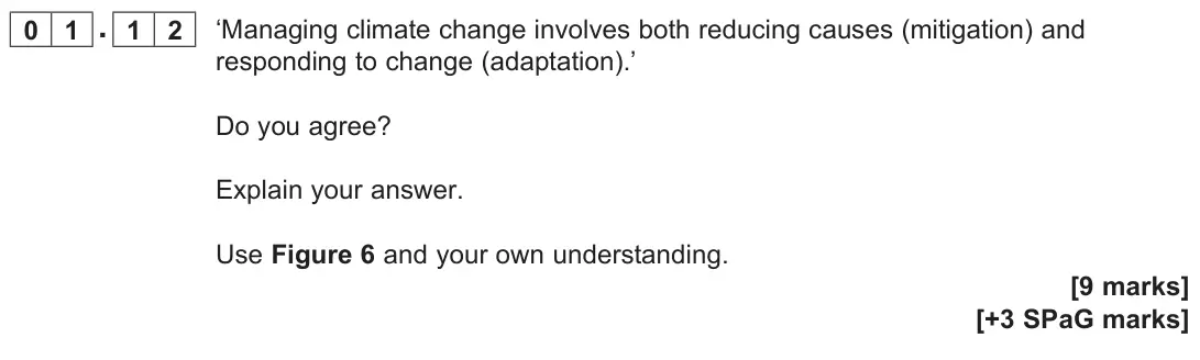November 2020 Paper 1, question 01.12: ‘Managing climate change involves both reducing causes (mitigation) and responding to change (adaptation).’ Do you agree? Explain your answer. Use Figure 6 and 