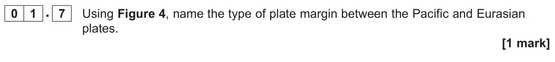 November 2020 Paper 1, question 01.7: Using Figure 4, name the type of plate margin between the Pacific and Eurasian plates. [1 mark]