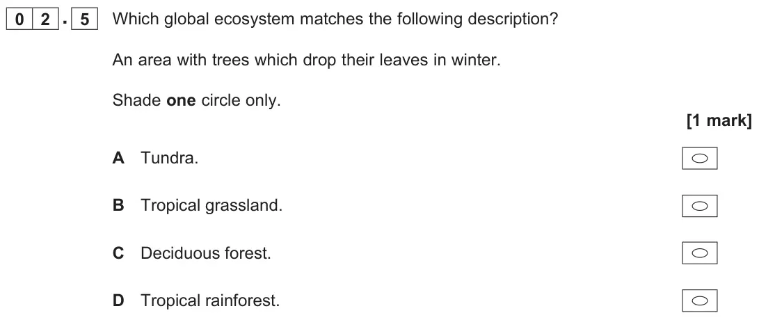 November 2020 Paper 1, question 02.5: Which global ecosystem matches the following description? An area with trees which drop their leaves in winter. Shade one circle only. [1 mark]