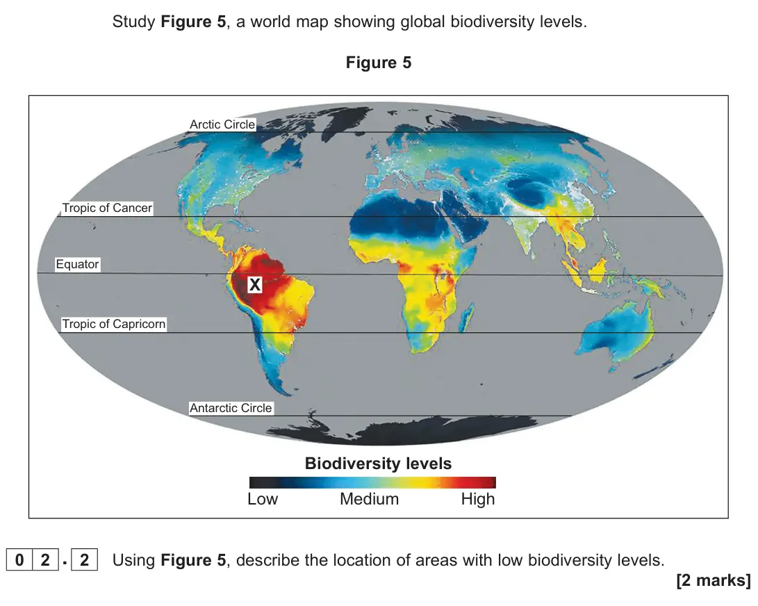 November 2021 Paper 1, question 02.2: Using Figure 5, describe the location of areas with low biodiversity levels. [2 marks]