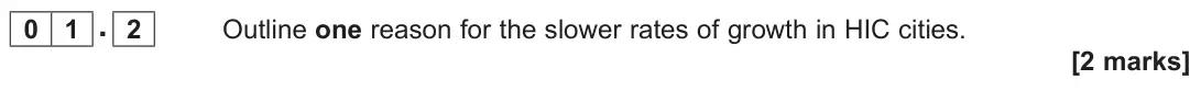 June 2022 Paper 2, question 01.2: Outline one reason for the slower rates of growth in HIC cities. [2 marks]