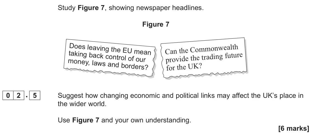 June 2022 Paper 2, question 02.5: Suggest how changing economic and political links may affect the UK’s place in the wider world. Use Figure 7 and your own understanding. [6 marks]