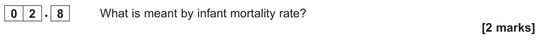 June 2022 Paper 2, question 02.8: What is meant by infant mortality rate? [2 marks]