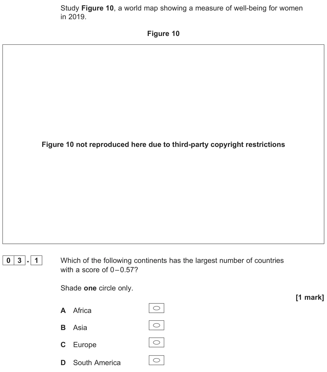 June 2022 Paper 2, question 03.1: Which of the following continents has the largest number of countries with a score of 0 – 0.57? Shade one circle only. [1 mark]