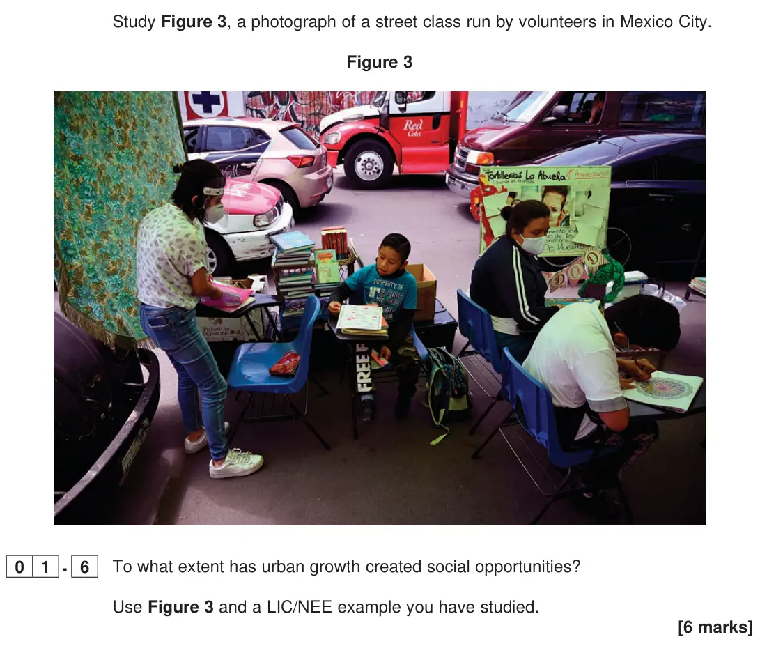 June 2023 Paper 2, question 01.6: To what extent has urban growth created social opportunities? Use Figure 3 and a LIC/NEE example you have studied. [6 marks]
