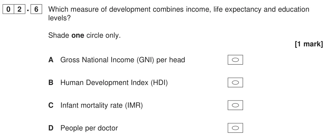 June 2023 Paper 2, question 02.6: Which measure of development combines income, life expectancy and education levels? Shade one circle only. [1 mark]