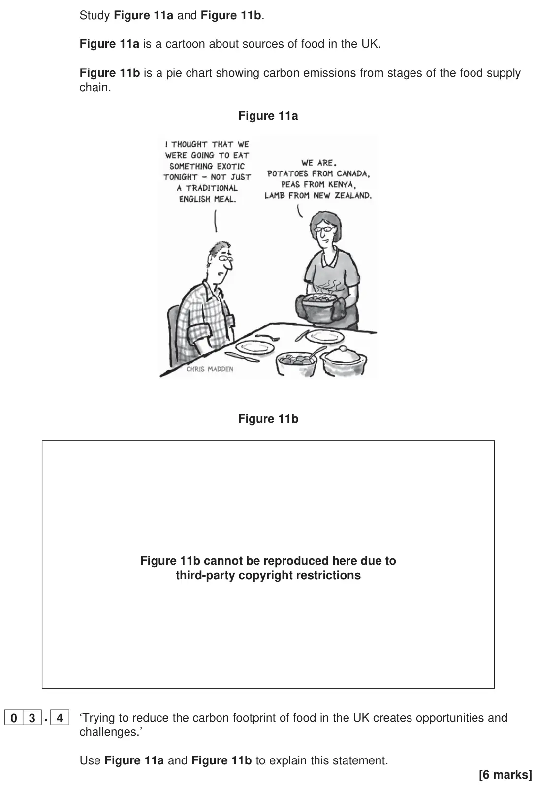 June 2023 Paper 2, question 03.4: ‘Trying to reduce the carbon footprint of food in the UK creates opportunities and challenges.’ Use Figure 11a and Figure 11b to explain this statement. [6 mark