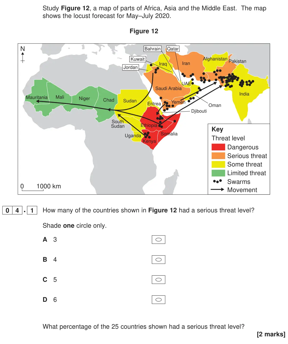 June 2023 Paper 2, question 04.1: How many of the countries shown in Figure 12 had a serious threat level? Shade one circle only. A 3 B 4 C 5 D 6 What percentage of the 25 countries shown had a 