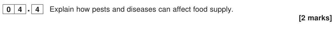 June 2023 Paper 2, question 04.4: Explain how pests and diseases can affect food supply. [2 marks]