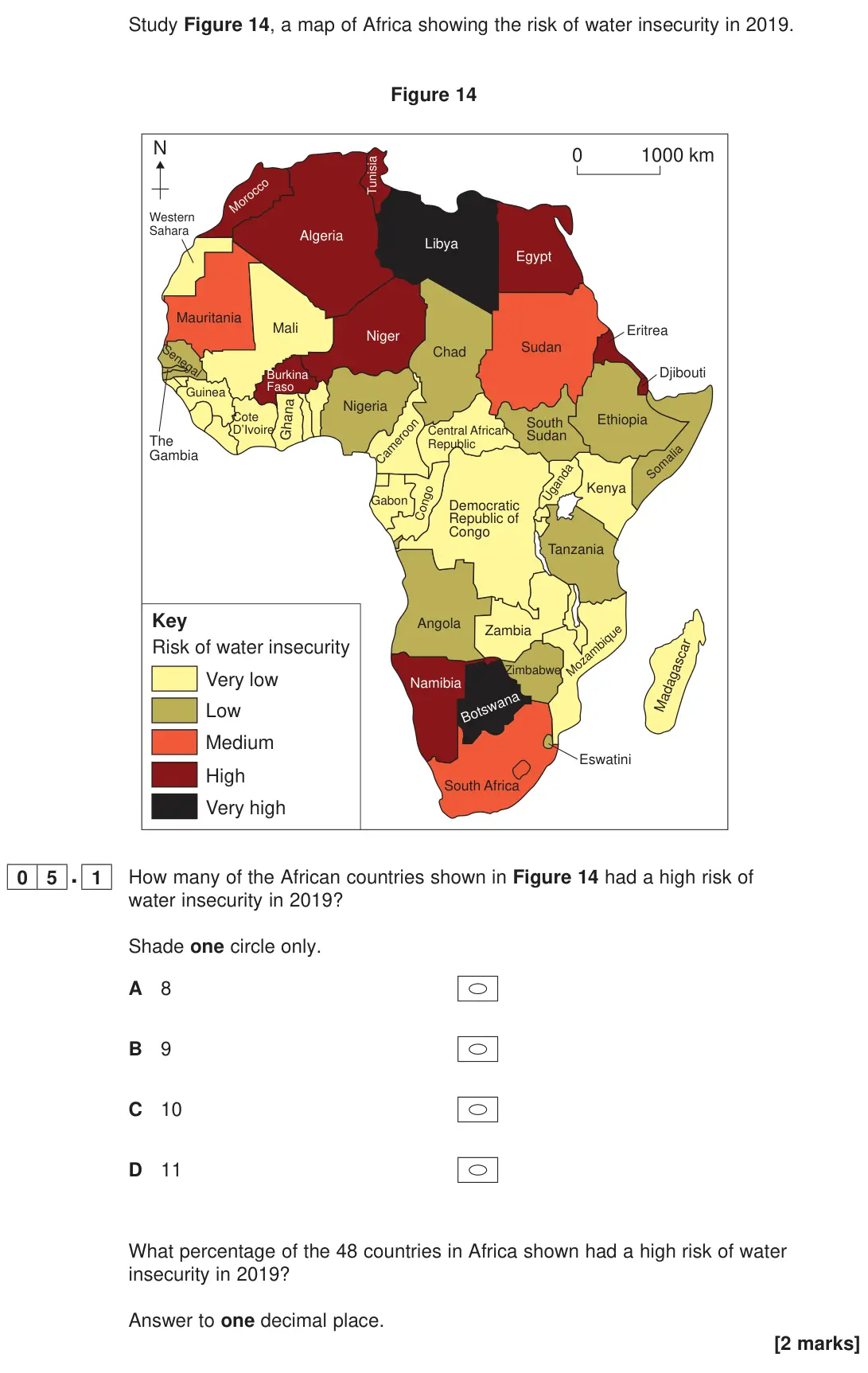 June 2023 Paper 2, question 05.1: How many of the African countries shown in Figure 14 had a high risk of water insecurity in 2019? Shade one circle only. A 8 B 9 C 10 D 11 What percentage of th