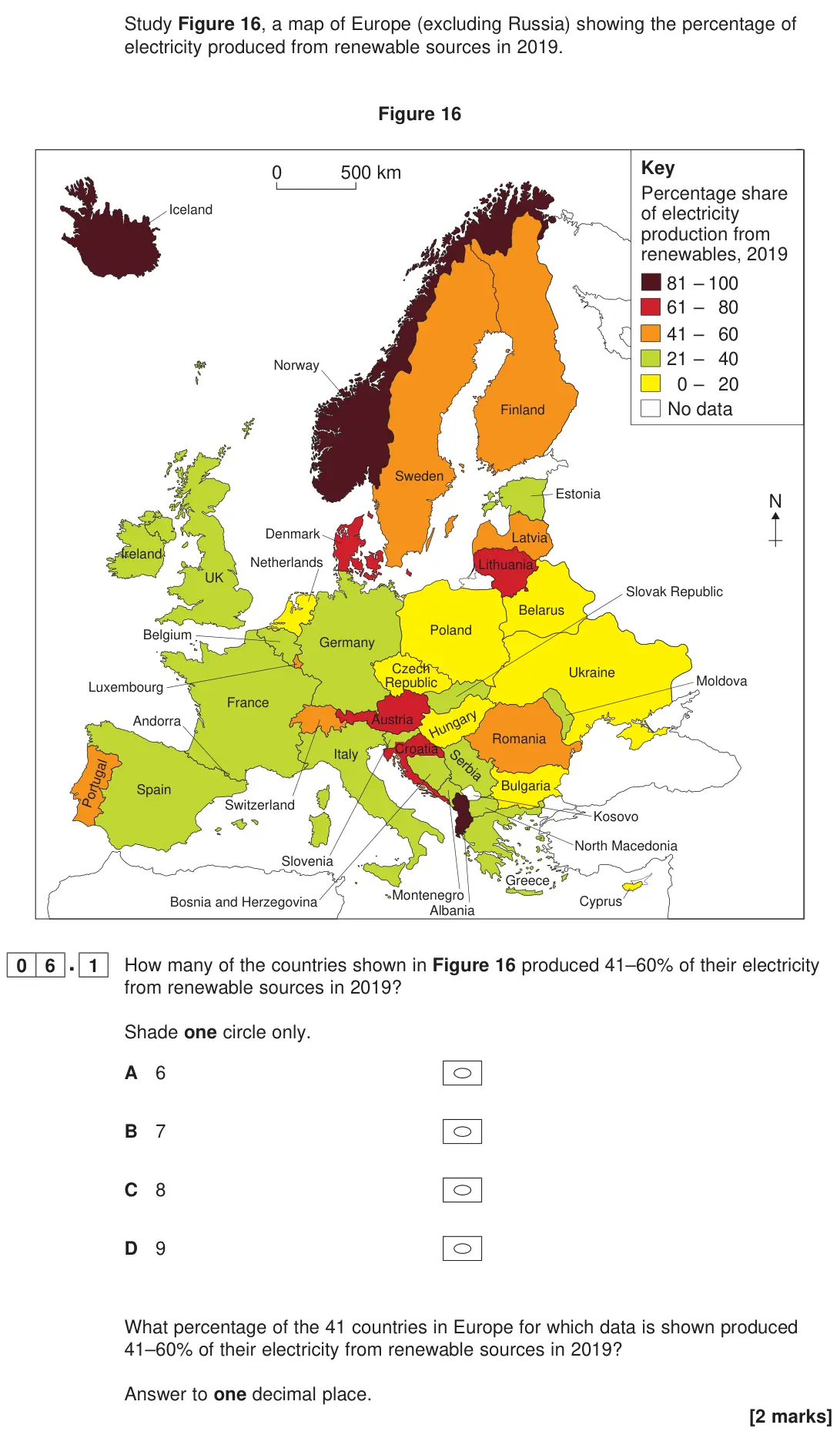 June 2023 Paper 2, question 06.1: How many of the countries shown in Figure 16 produced 41–60% of their electricity from renewable sources in 2019? Shade one circle only. A 6 B 7 C 8 D 9 What pe