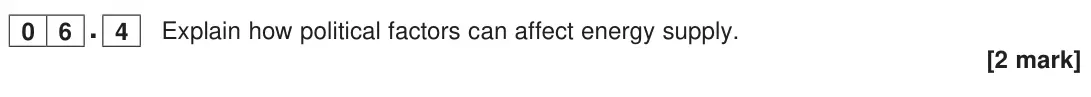 June 2023 Paper 2, question 06.4: Explain how political factors can affect energy supply. [2 mark]