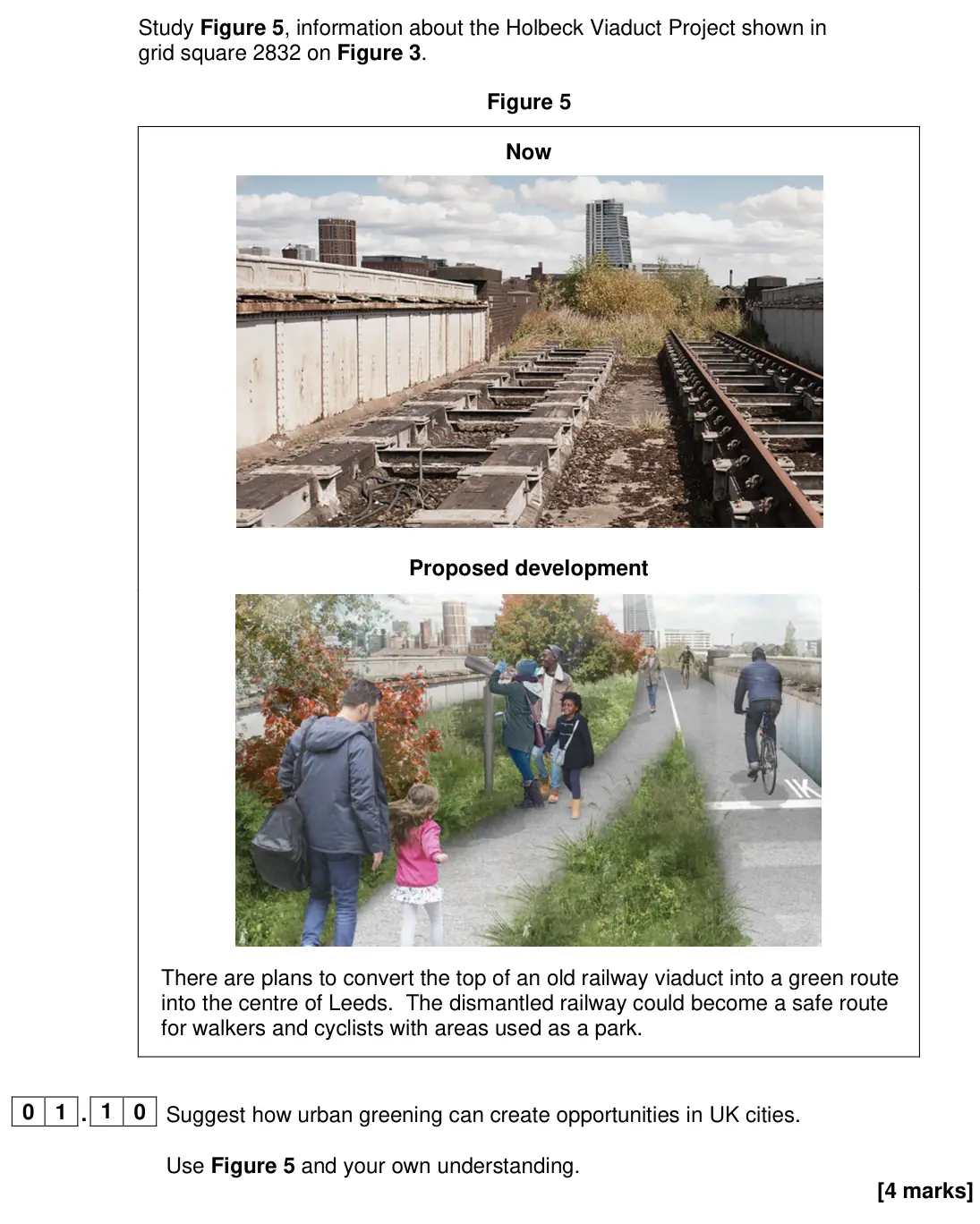 June 2024 Paper 2, question 01.10: Suggest how urban greening can create opportunities in UK cities. Use Figure 5 and your own understanding. [4 marks]