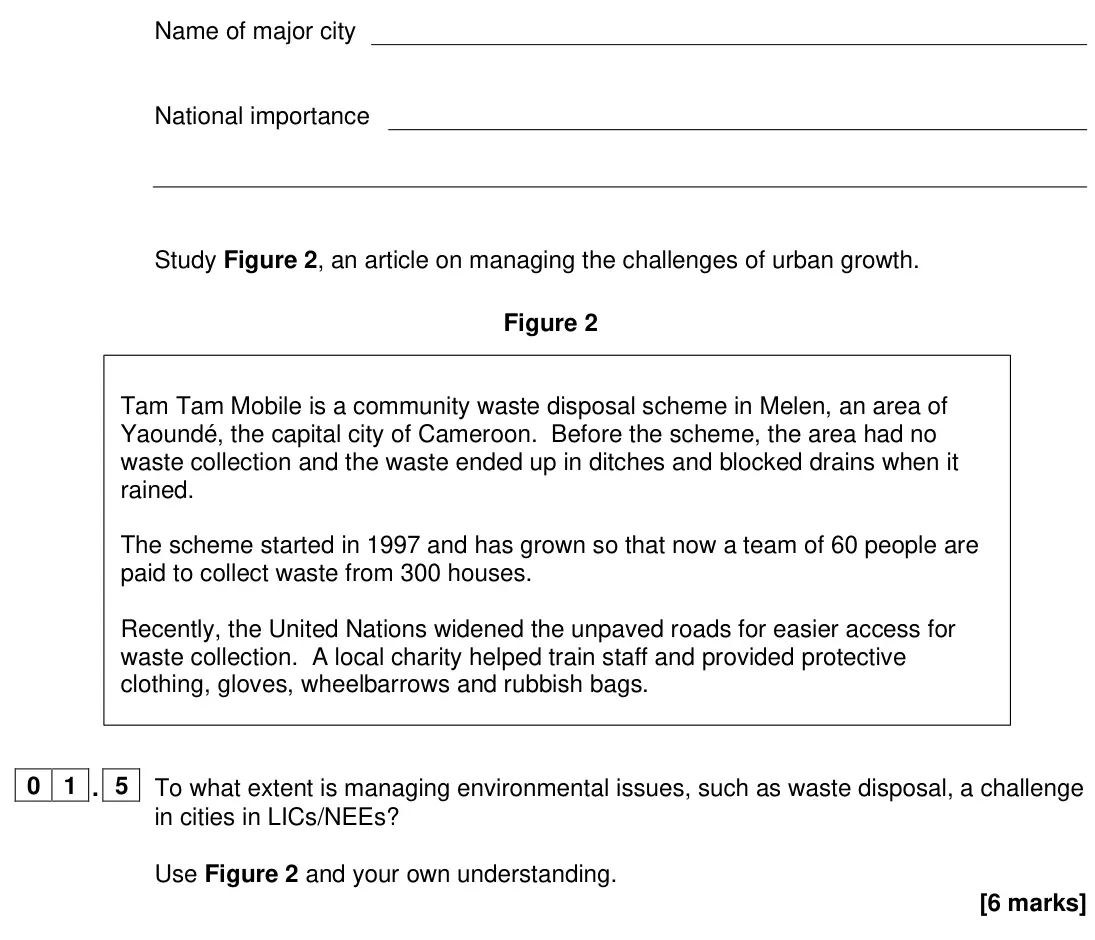 June 2024 Paper 2, question 01.5: To what extent is managing environmental issues, such as waste disposal, a challenge in cities in LICs/NEEs? Use Figure 2 and your own understanding. [6 marks]