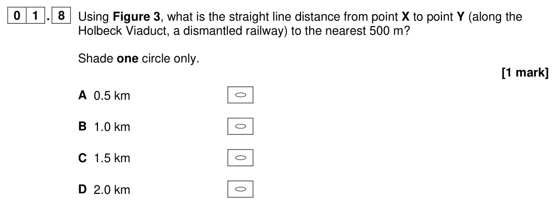 June 2024 Paper 2, question 01.8: Using Figure 3, what is the straight line distance from point X to point Y (along the Holbeck Viaduct, a dismantled railway) to the nearest 500 m? Shade one cir